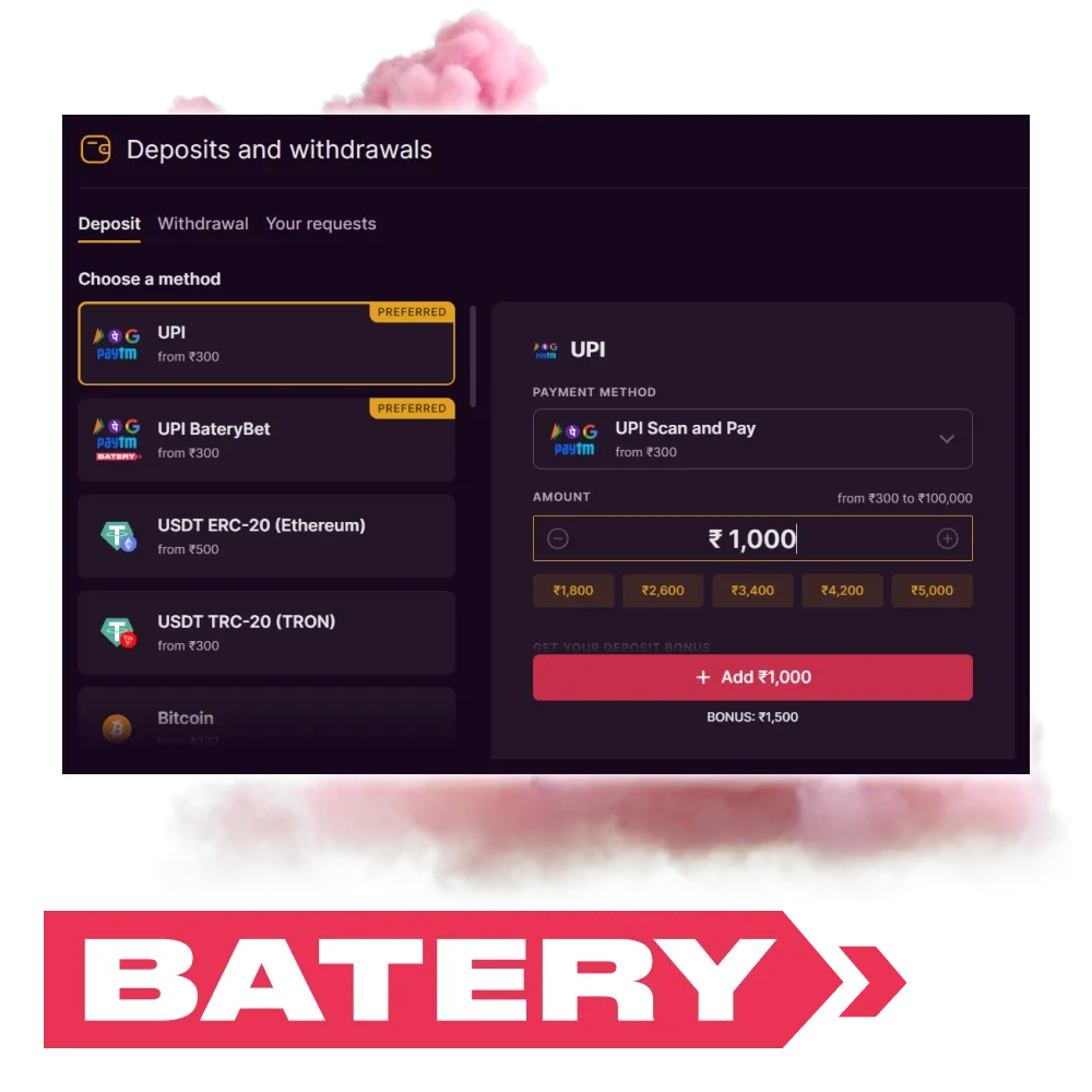 Batery offers a wide selection of deposit and withdrawal methods.