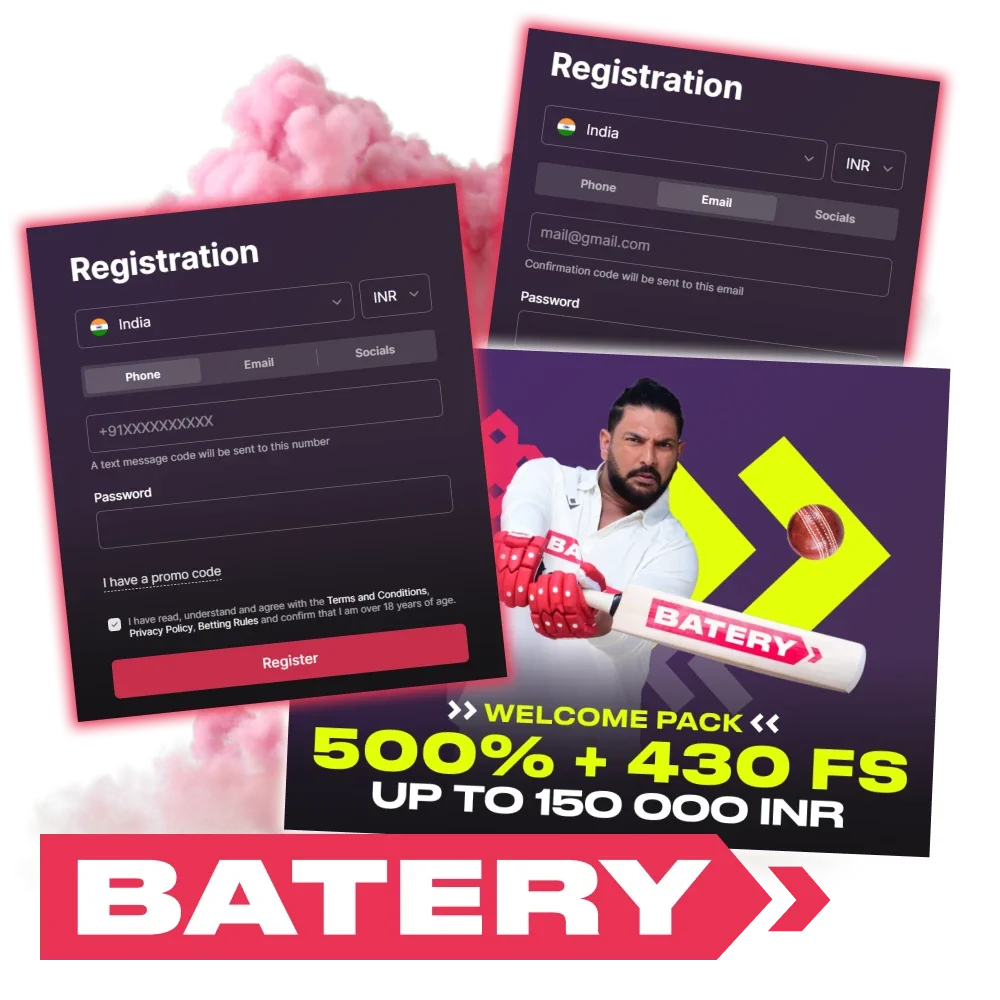 Register at Batery to start playing and betting on the platform.