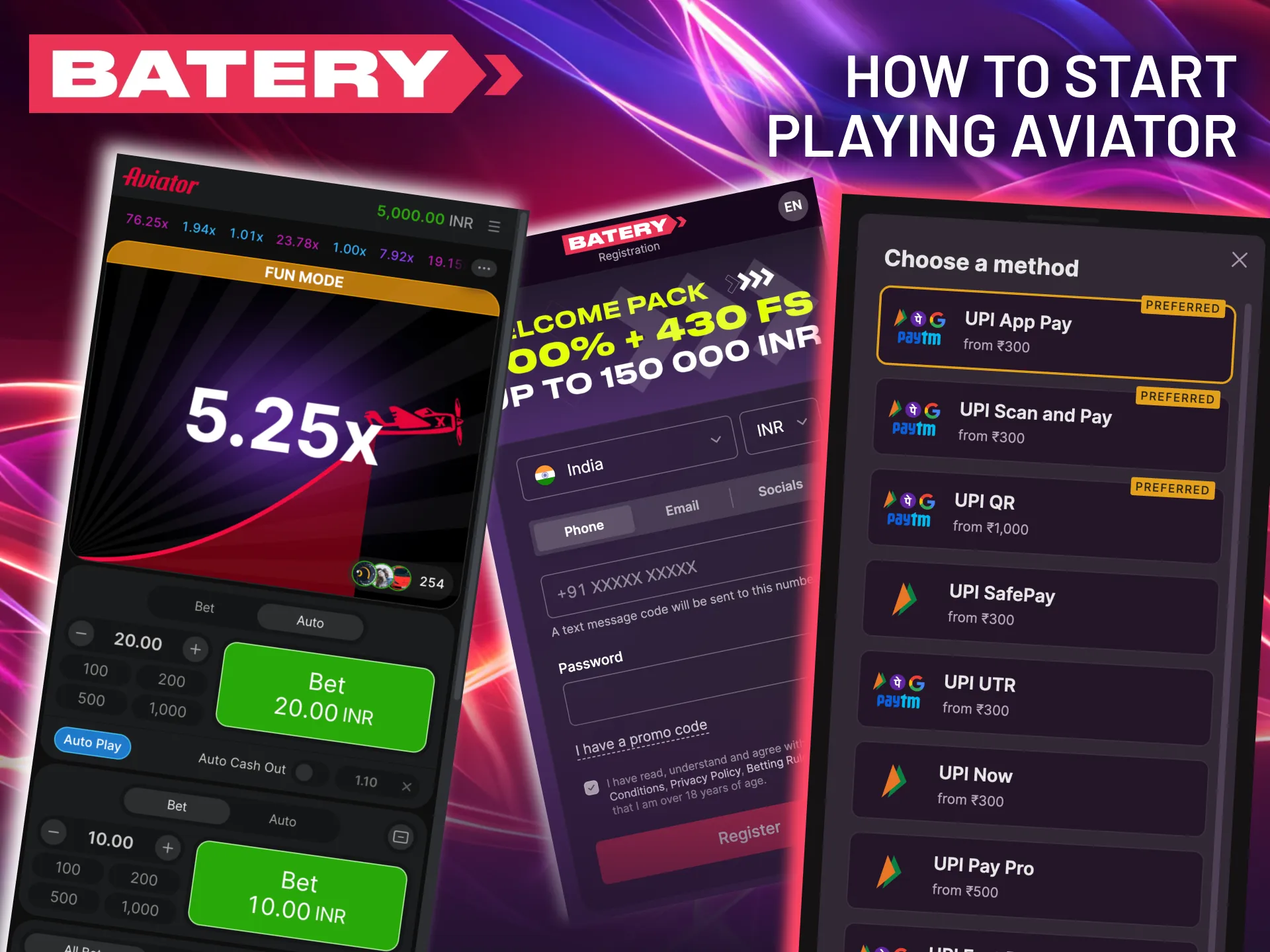 Register, deposit, and launch Aviator on Batery to start placing bets.