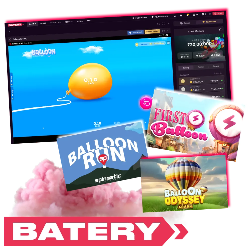 Batery Balloon crash game with instant rounds.