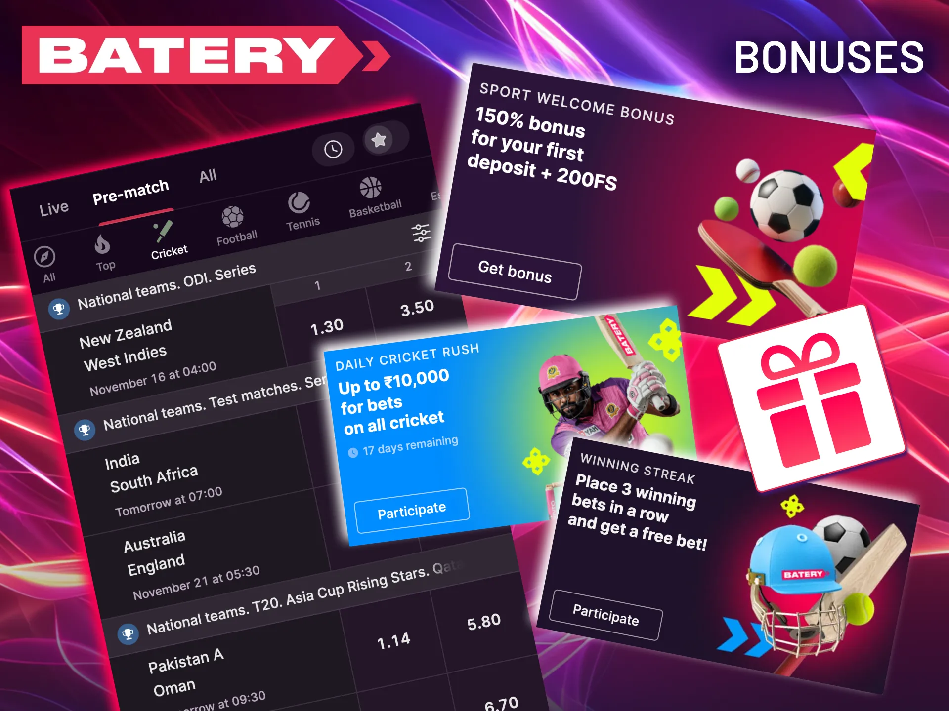 Batery cricket bonuses include daily rush and welcome offer.