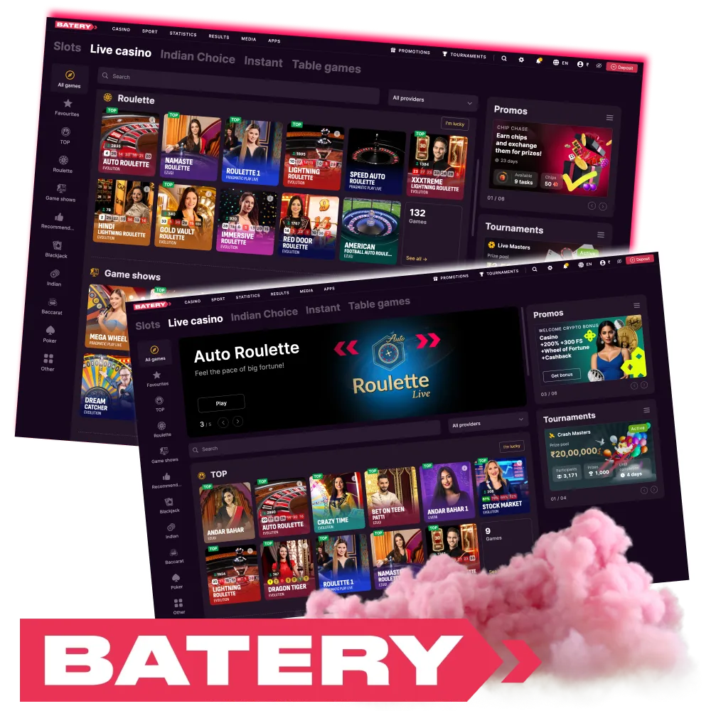 Play roulette and blackjack at Batery live tables.