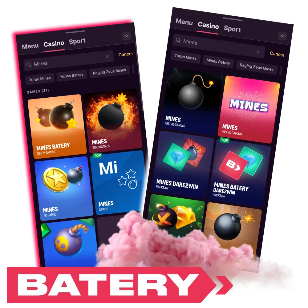 Batery Mines offering instant play and changing prizes.