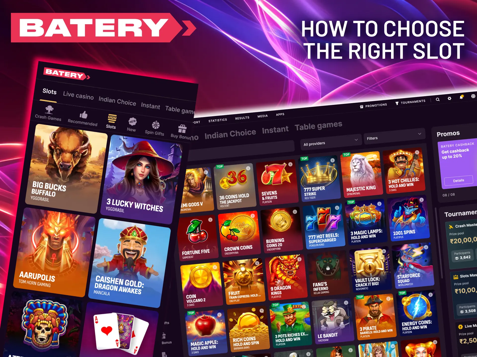Check Batery slots for bonuses, free spins, and multipliers.