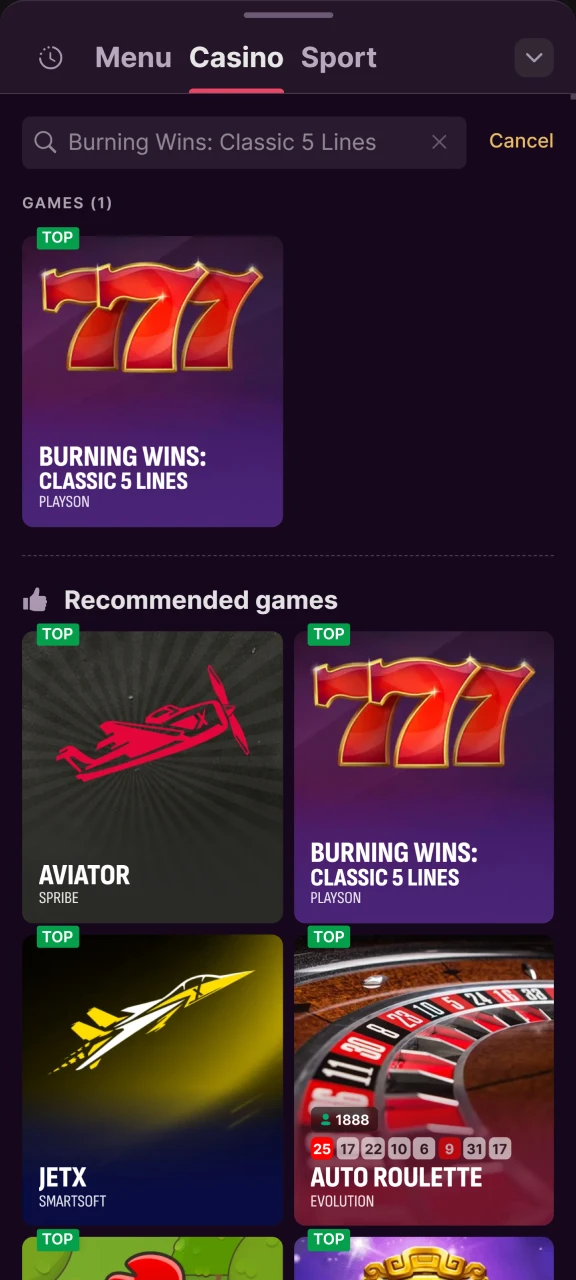 Open the Burning Wins game on the Batery app.