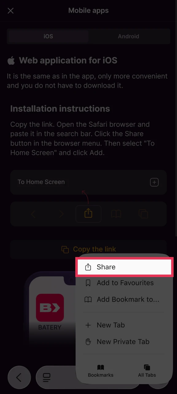 Click Share and then add a shortcut for Batery.